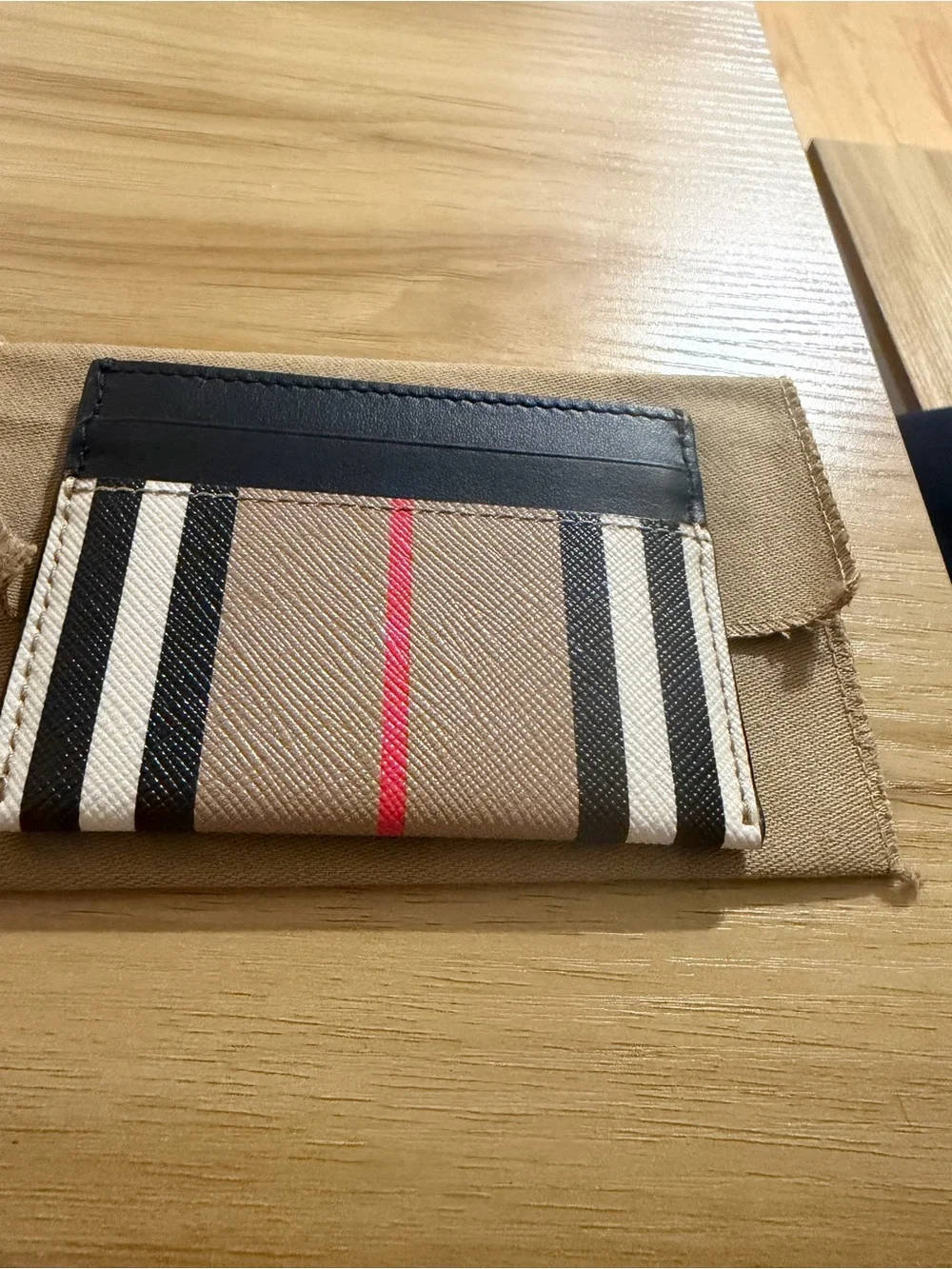 Burberry Beige Stripe Card Holder with Black and Red Accents